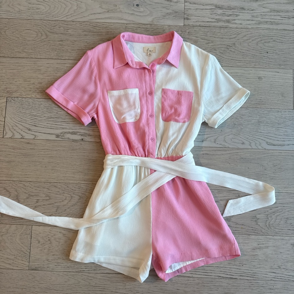 Pink and white romper with pockets size small